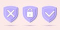 3d secure and protect icons. Security shields with checkmark and lock. Network, internet and data protection, privacy, safety